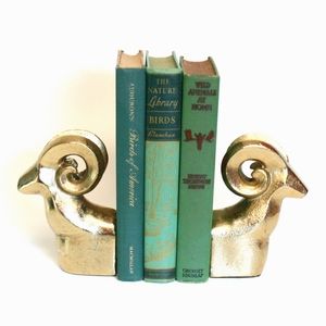 Pair of Gold Metal Faux Brass Ram Head Bookends